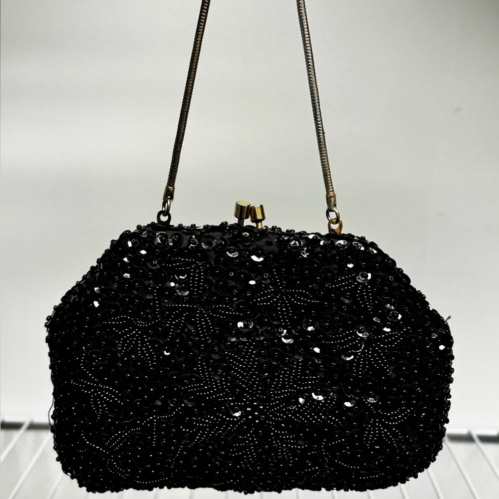 Vintage Black Beaded Evening Clutch with Chain Strap